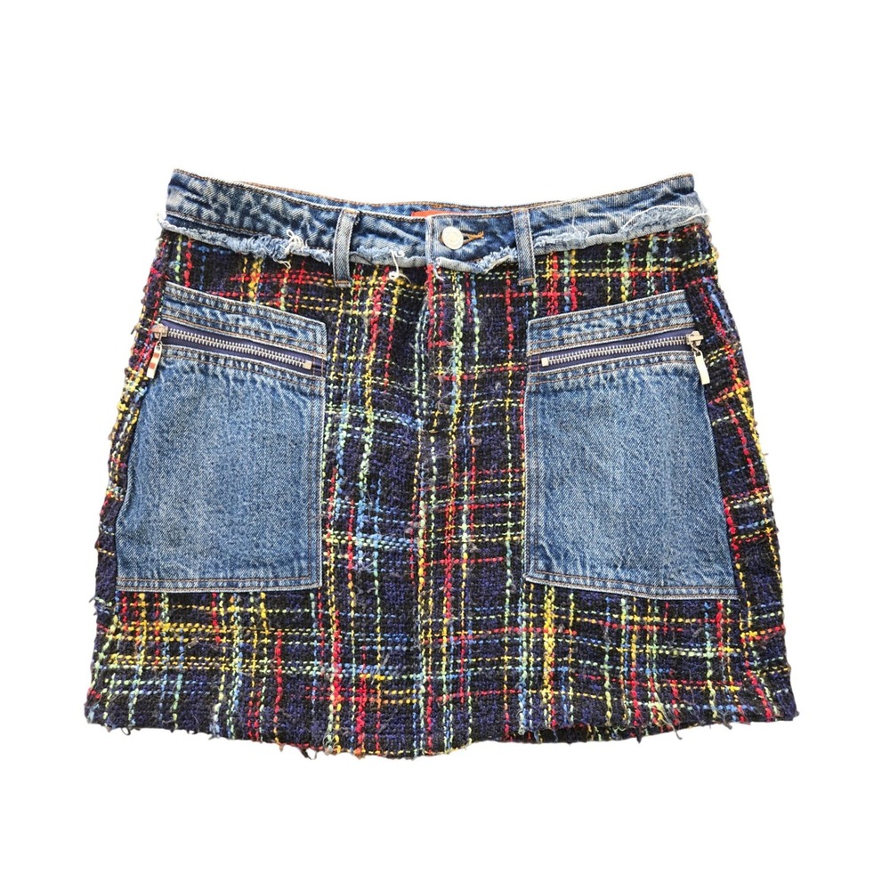 NWT Signature 8 Womens Multi Color Tweed Denim Patch Pocket Mini Skirt Large
